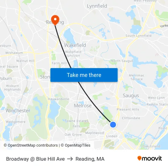 Broadway @ Blue Hill Ave to Reading, MA map