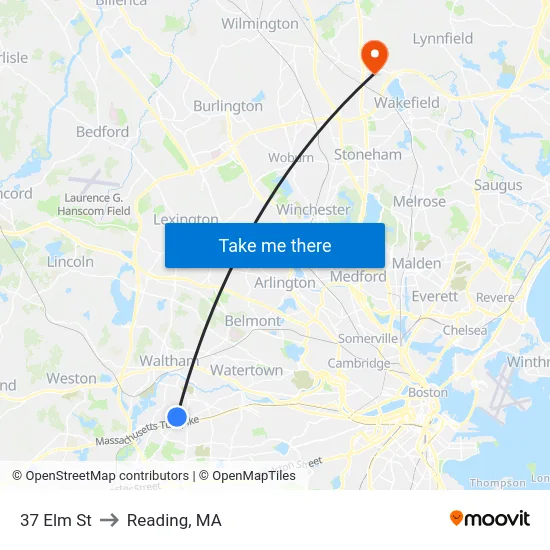 37 Elm St to Reading, MA map