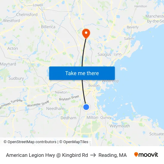 American Legion Hwy @ Kingbird Rd to Reading, MA map