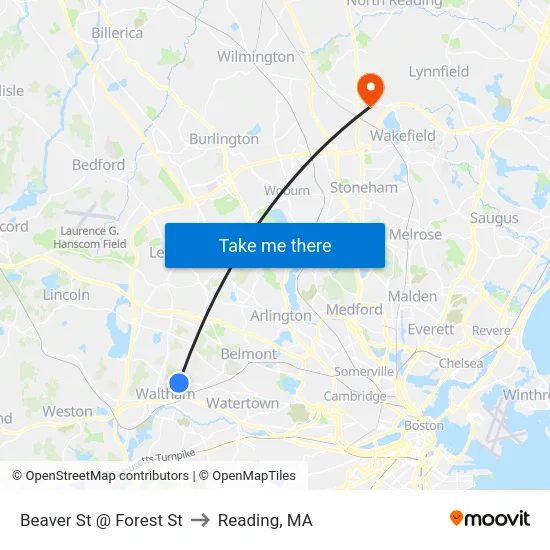 Beaver St @ Forest St to Reading, MA map