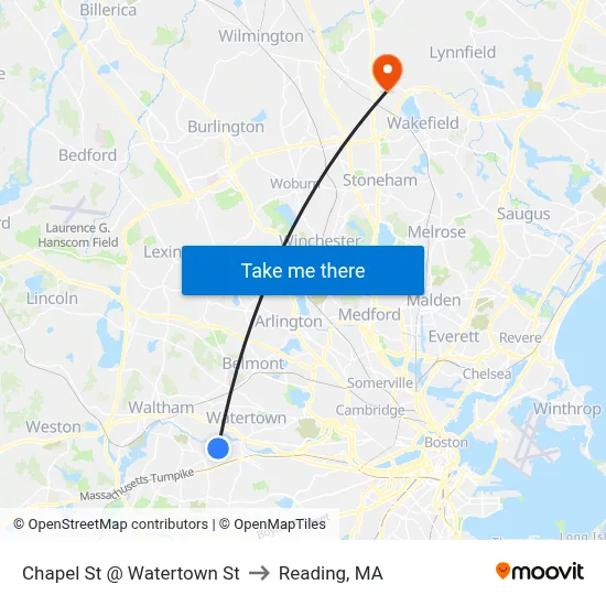 Chapel St @ Watertown St to Reading, MA map