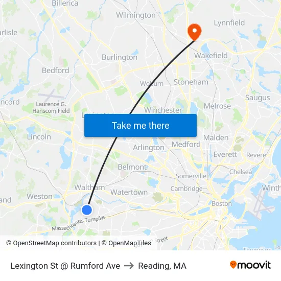 Lexington St @ Rumford Ave to Reading, MA map