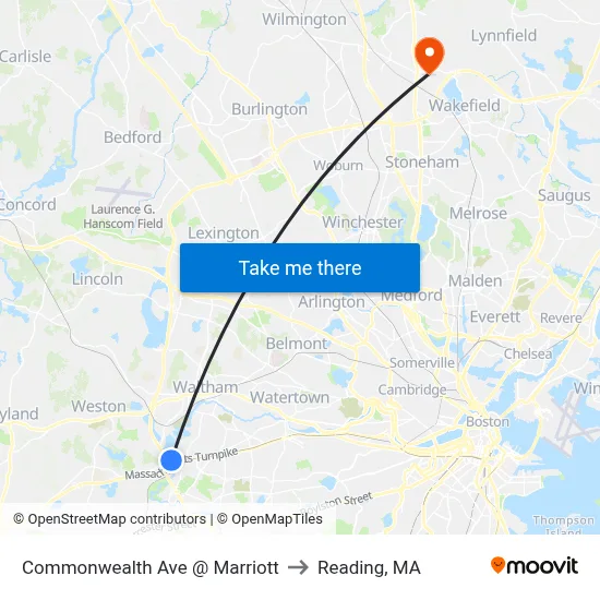 Commonwealth Ave @ Marriott to Reading, MA map