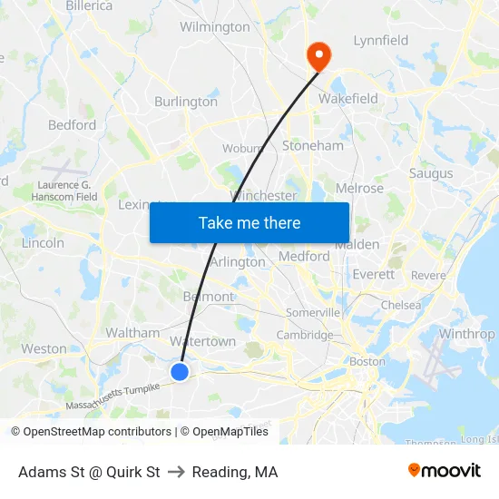 Adams St @ Quirk St to Reading, MA map