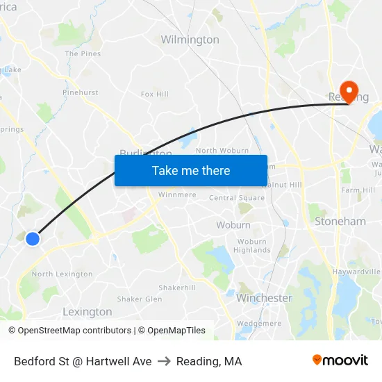 Bedford St @ Hartwell Ave to Reading, MA map