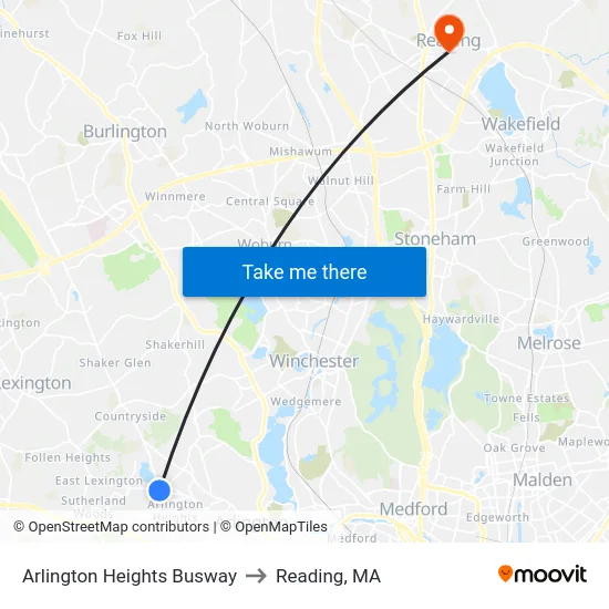 Arlington Heights Busway to Reading, MA map