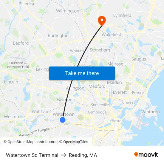 Watertown Sq Terminal to Reading, MA map