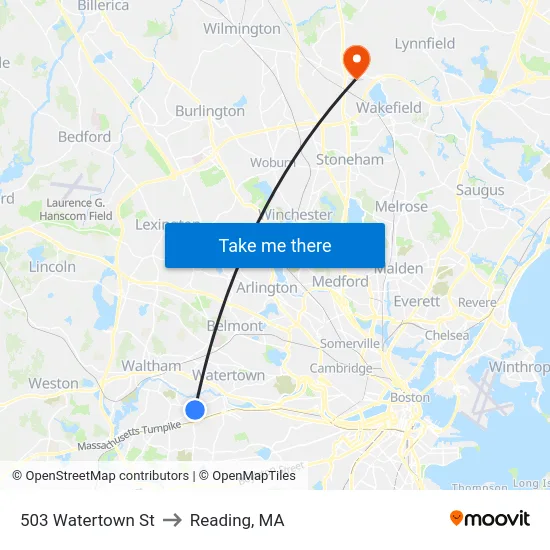 503 Watertown St to Reading, MA map