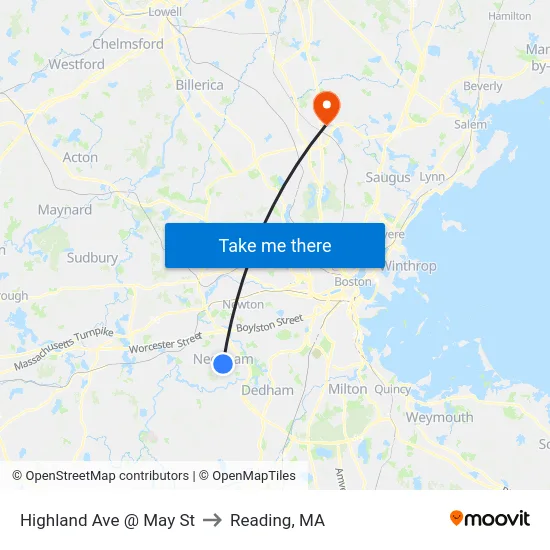 Highland Ave @ May St to Reading, MA map