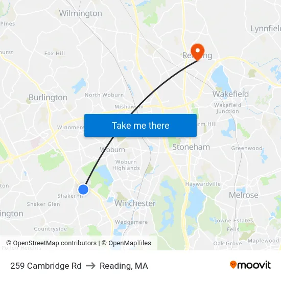 259 Cambridge Rd to Reading, MA map