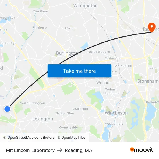 Mit Lincoln Laboratory to Reading, MA map