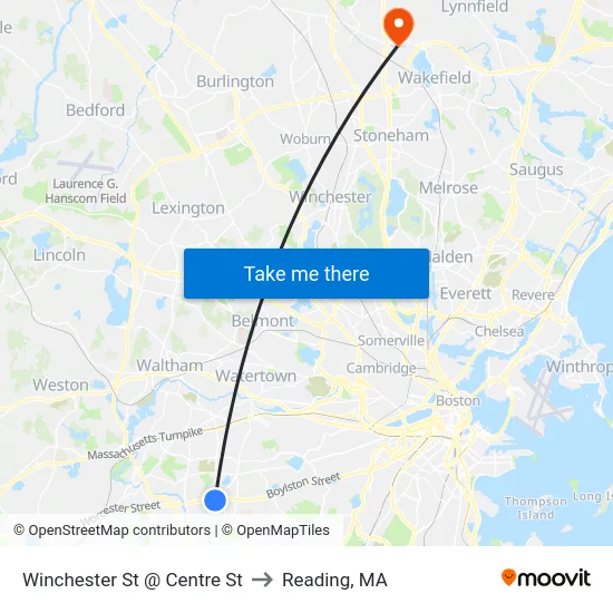Winchester St @ Centre St to Reading, MA map