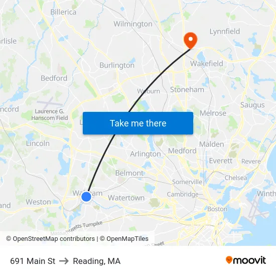 691 Main St to Reading, MA map