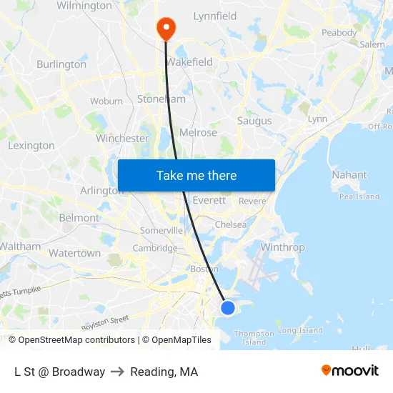 L St @ Broadway to Reading, MA map
