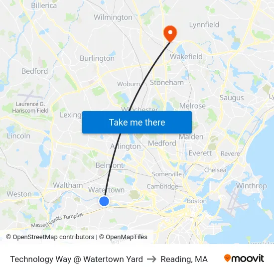 Technology Way @ Watertown Yard to Reading, MA map