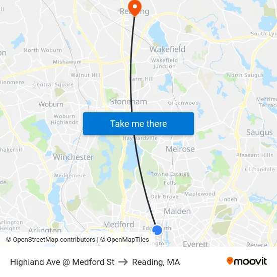 Highland Ave @ Medford St to Reading, MA map