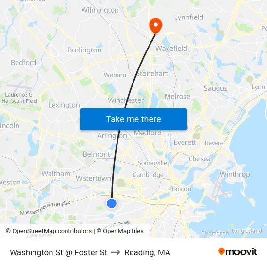 Washington St @ Foster St to Reading, MA map