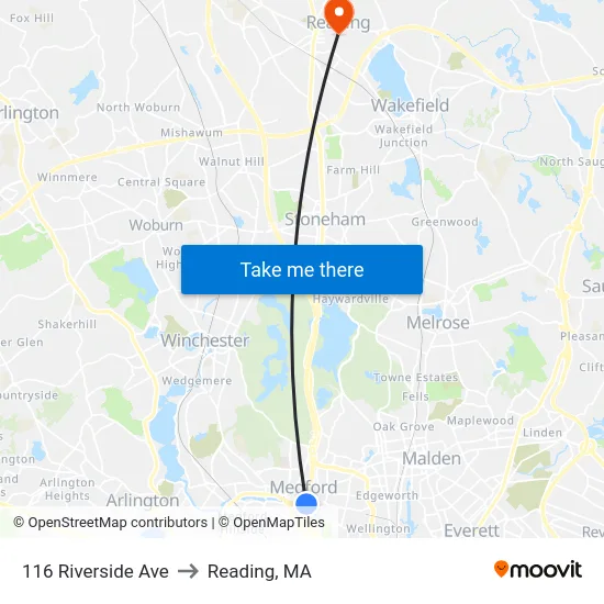 116 Riverside Ave to Reading, MA map