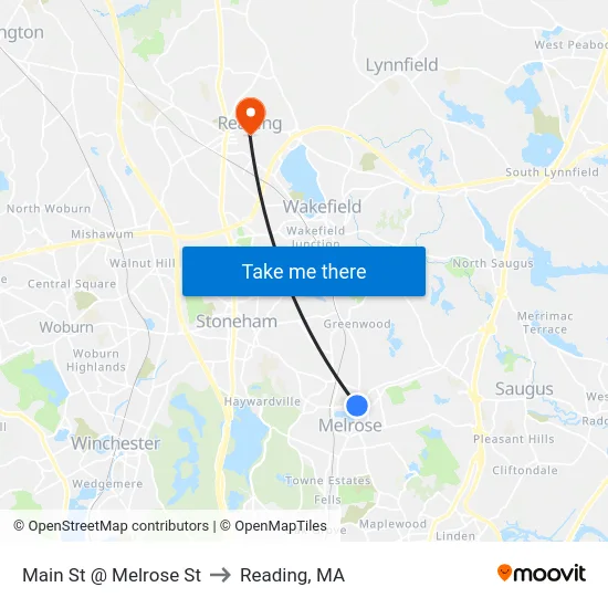 Main St @ Melrose St to Reading, MA map