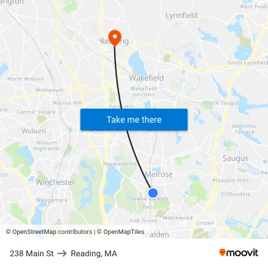 238 Main St to Reading, MA map
