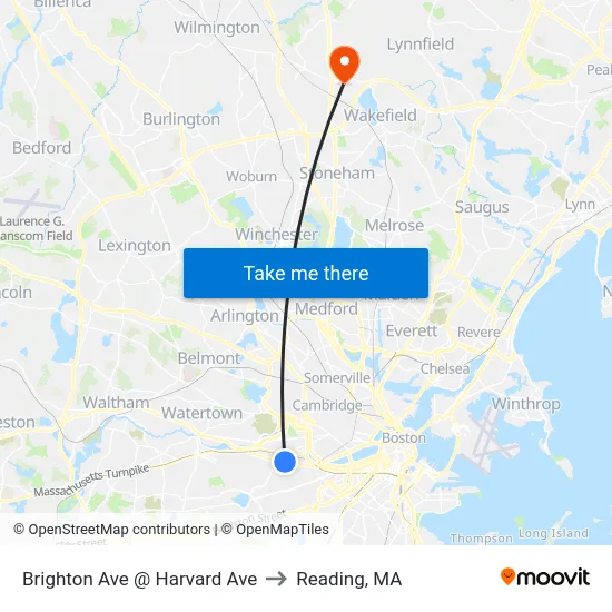 Brighton Ave @ Harvard Ave to Reading, MA map