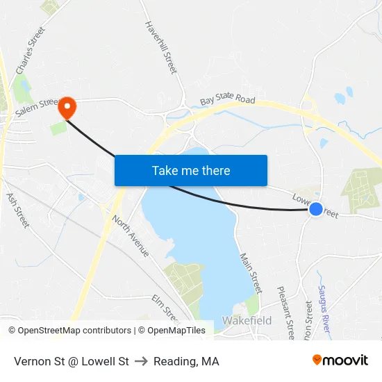 Vernon St @ Lowell St to Reading, MA map
