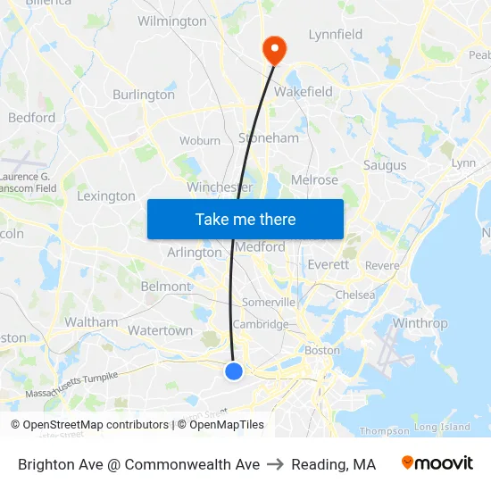 Brighton Ave @ Commonwealth Ave to Reading, MA map