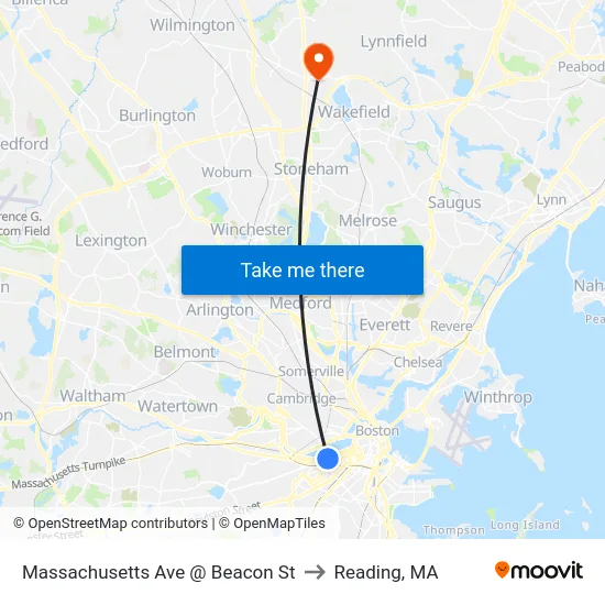 Massachusetts Ave @ Beacon St to Reading, MA map