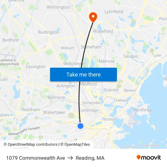 1079 Commonwealth Ave to Reading, MA map