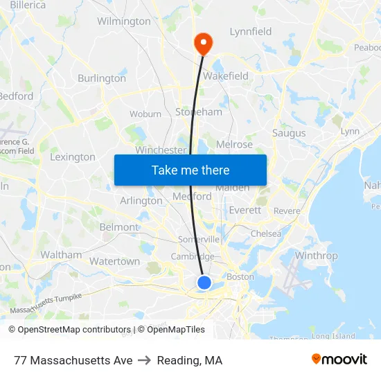 77 Massachusetts Ave to Reading, MA map