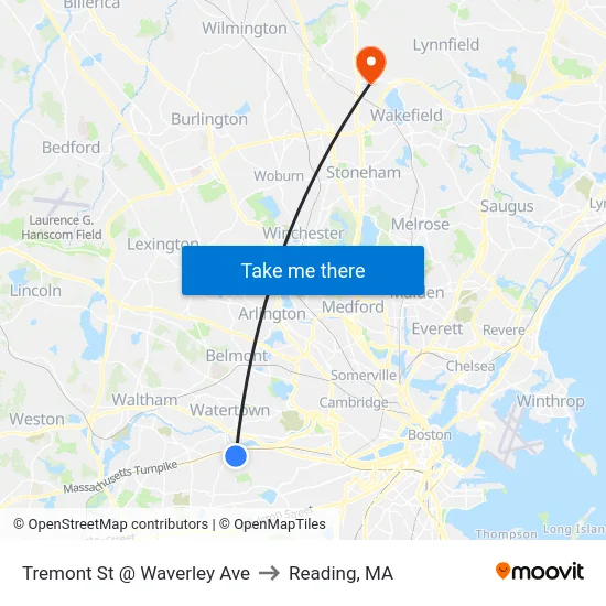 Tremont St @ Waverley Ave to Reading, MA map