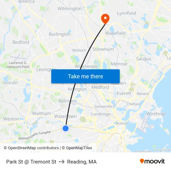 Park St @ Tremont St to Reading, MA map