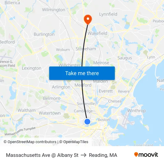 Massachusetts Ave @ Albany St to Reading, MA map
