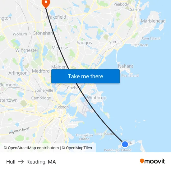 Hull to Reading, MA map