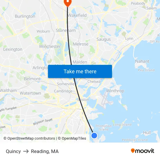 Quincy to Reading, MA map