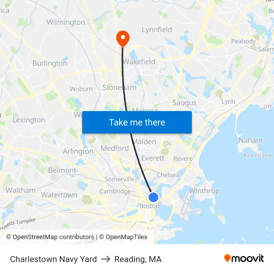 Charlestown Navy Yard to Reading, MA map