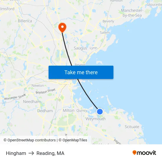 Hingham to Reading, MA map