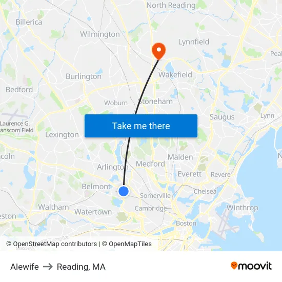 Alewife to Reading, MA map