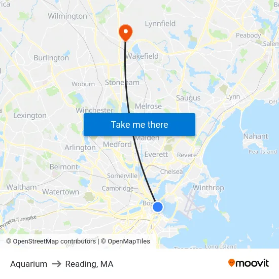 Aquarium to Reading, MA map