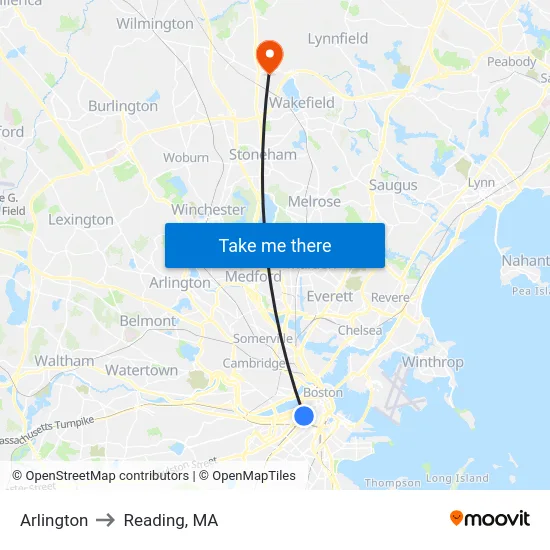 Arlington to Reading, MA map