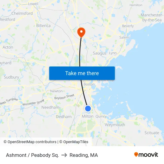 Ashmont / Peabody Sq. to Reading, MA map