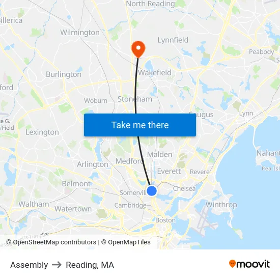 Assembly to Reading, MA map