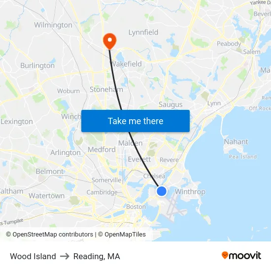 Wood Island to Reading, MA map