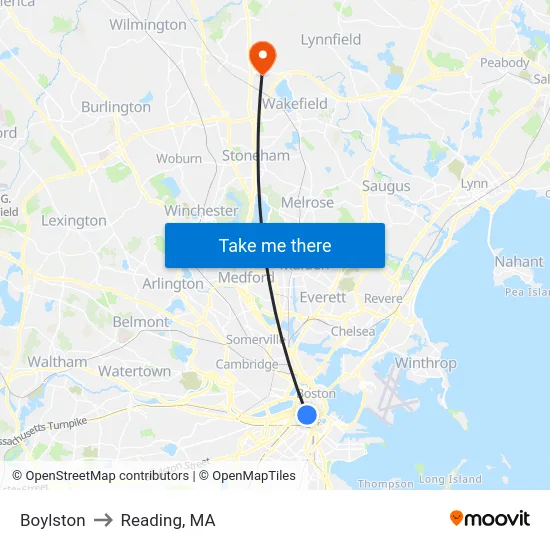 Boylston to Reading, MA map