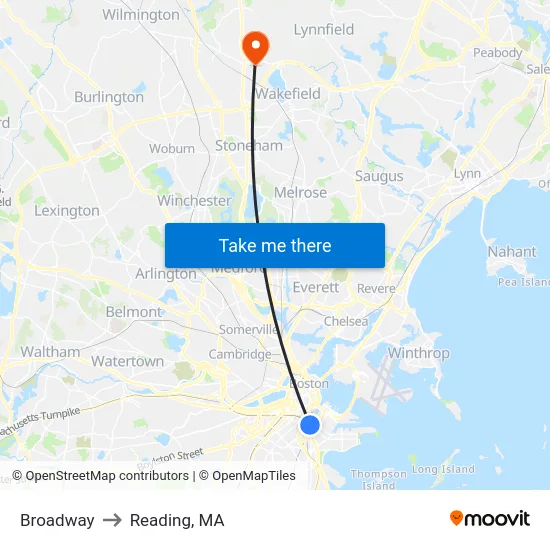 Broadway to Reading, MA map