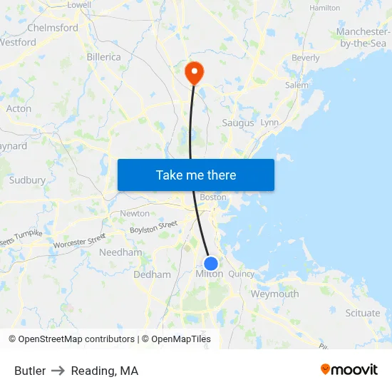 Butler to Reading, MA map