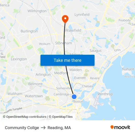 Community Collge to Reading, MA map