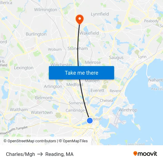 Charles/Mgh to Reading, MA map