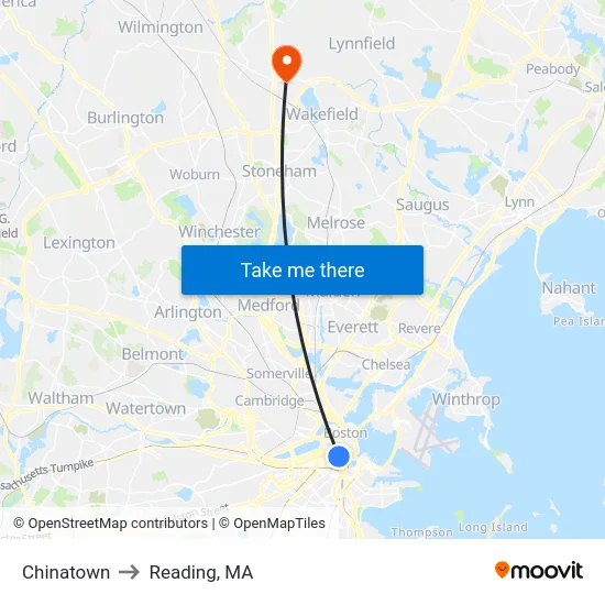 Chinatown to Reading, MA map