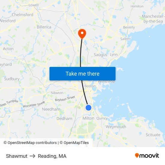 Shawmut to Reading, MA map